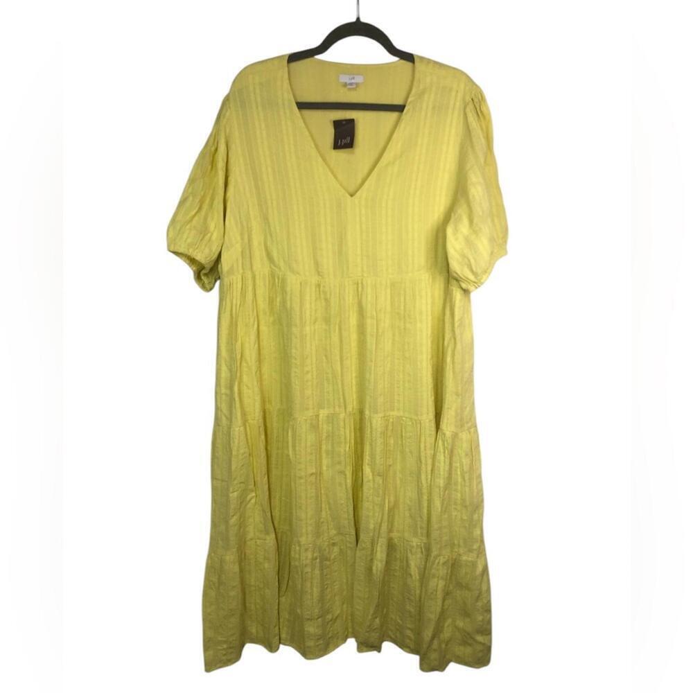 J.Jill Sunny Yellow Dress Pull Over Puff Sleeve V Neck Tiered Skirt Lined Bodice